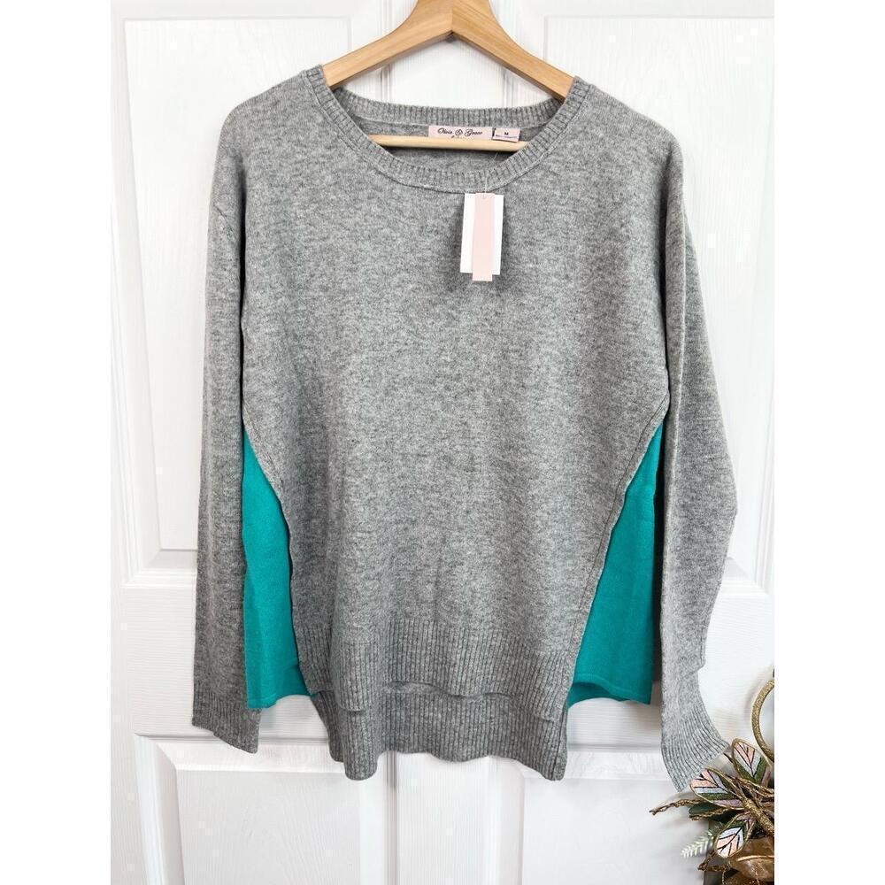 Olivia & Grace 100% Cashmere Sweater Size M Grey Turquoise Crewneck Soft Knit